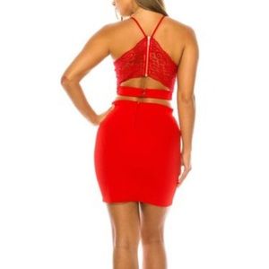 RARE red lace 2 piece crop top and skirt set